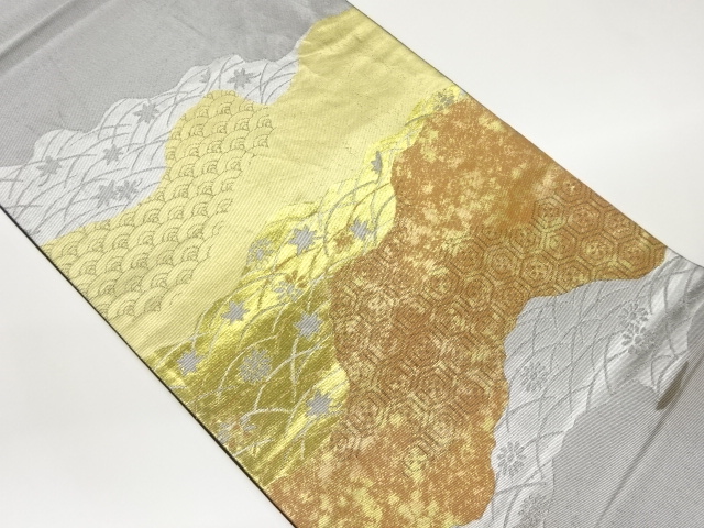 引箔道長取に亀甲・青海波模様織出し袋帯